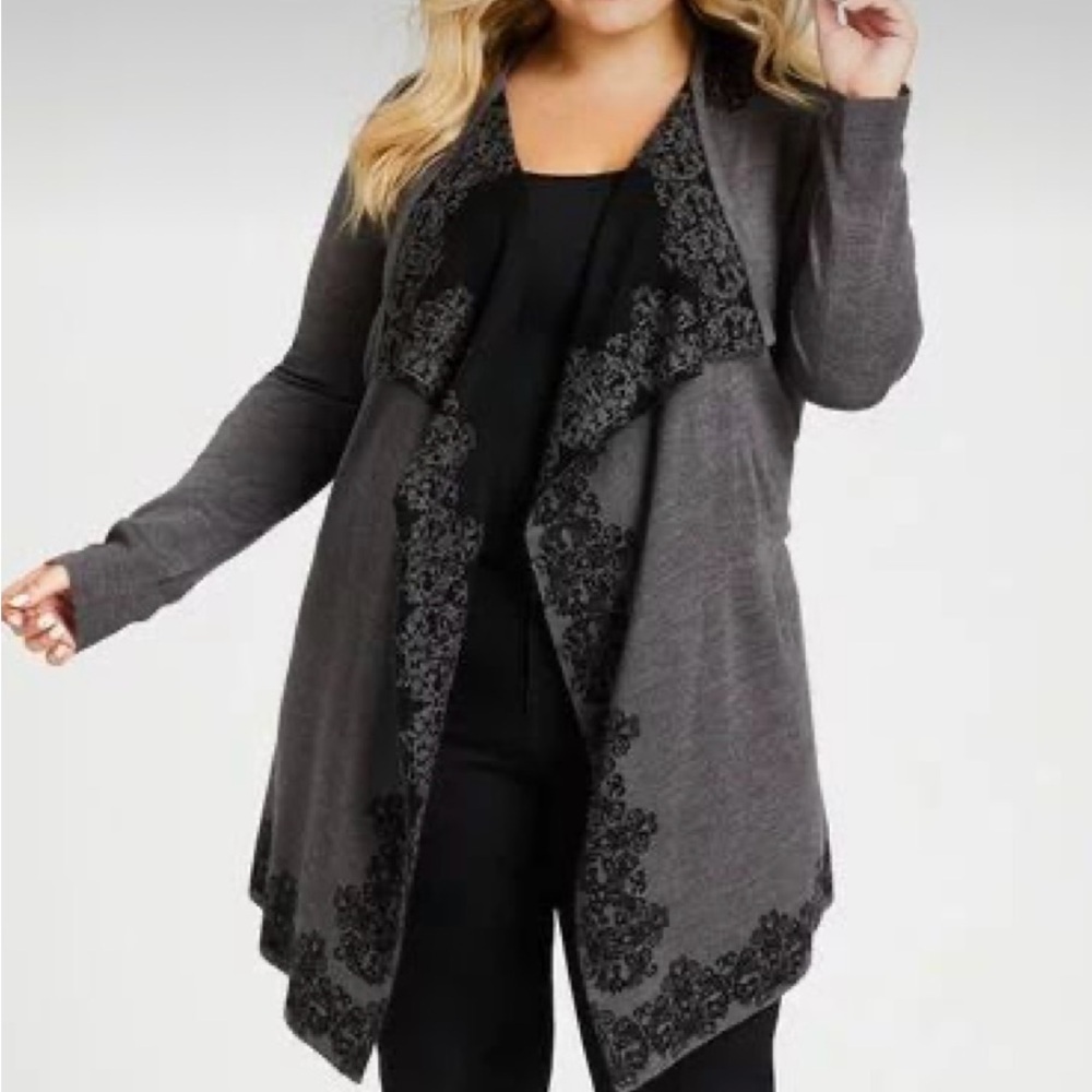 Avenue Plus Size Drapey Black & Grey Cardigan Sweater